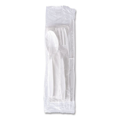 Four-Piece Polystyrene Cutlery Kit, Mediumweight, Fork/Knife/Napkin/Spoon, Plastic, White, 250/Carton