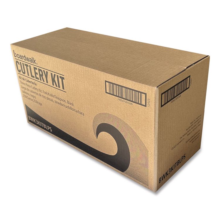 Three-Piece Polystyrene Cutlery Kit, Mediumweight, Fork/Knife/Spoon, Plastic, Black, 250/Carton