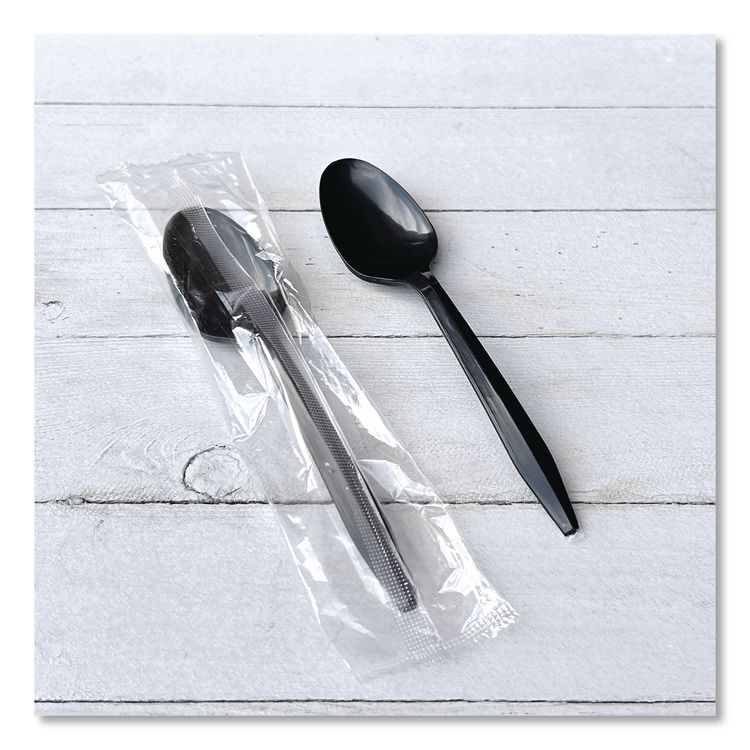 Mediumweight Polypropylene Cutlery, Individually Wrapped, Spoon, Plastic, Black, 1,000/Carton
