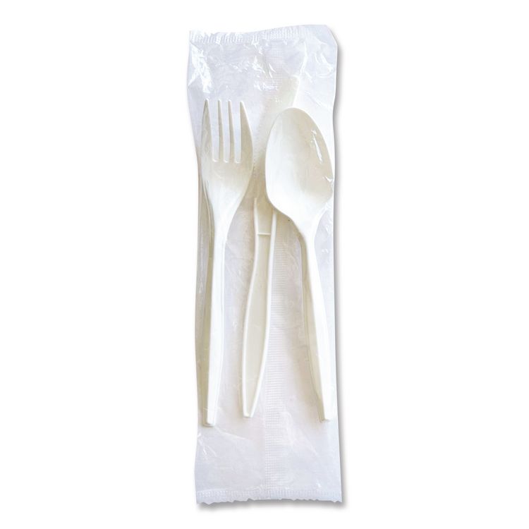 Three-Piece Cutlery Kit, Mediumweight, Fork/Knife/Spoon, 6.97", Plastic, White, 250/Carton