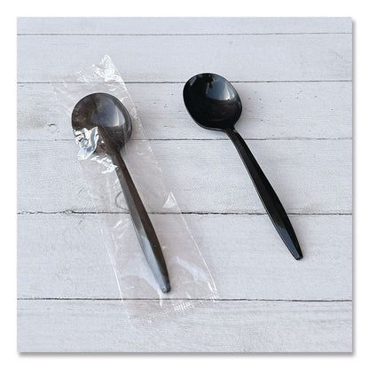 Mediumweight Wrapped Polypropylene Cutlery, Soup Spoon, Plastic, Black, 1,000/Carton