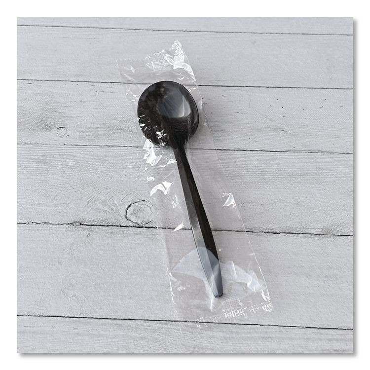 Mediumweight Wrapped Polypropylene Cutlery, Soup Spoon, Plastic, Black, 1,000/Carton
