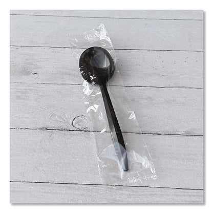 Mediumweight Wrapped Polypropylene Cutlery, Soup Spoon, Plastic, Black, 1,000/Carton