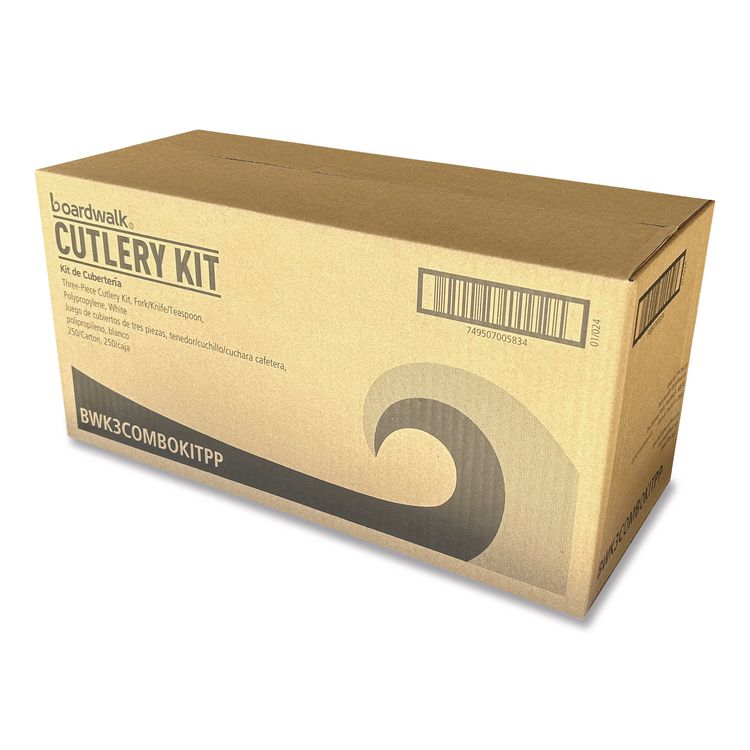 Three-Piece Cutlery Kit, Mediumweight, Fork/Knife/Spoon, 6.97", Plastic, White, 250/Carton