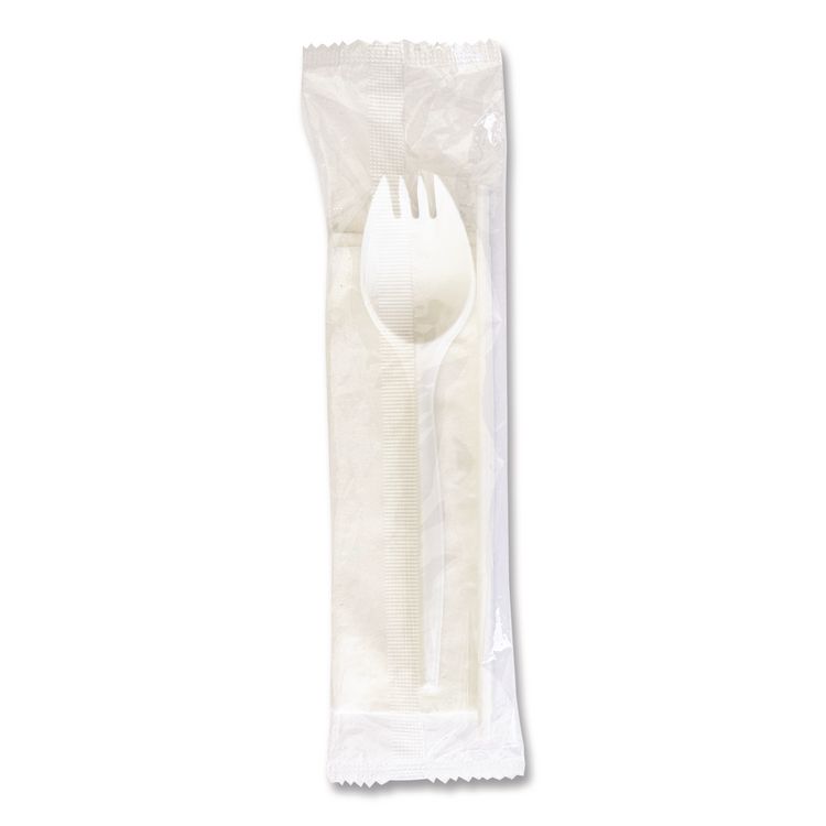 School Cutlery Kit, Mediumweight, Napkin/Spork/Straw, 5.31", Plastic, White, 1,000/Carton