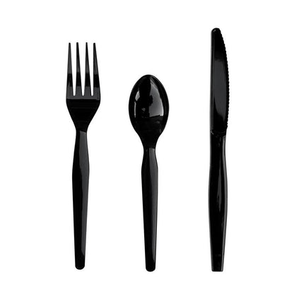 Three-Piece Polystyrene Cutlery Kit, Heavyweight, Fork/Knife/Spoon, Plastic, Black, 250/Carton