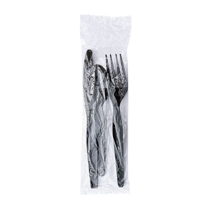 Three-Piece Polystyrene Cutlery Kit, Heavyweight, Fork/Knife/Spoon, Plastic, Black, 250/Carton