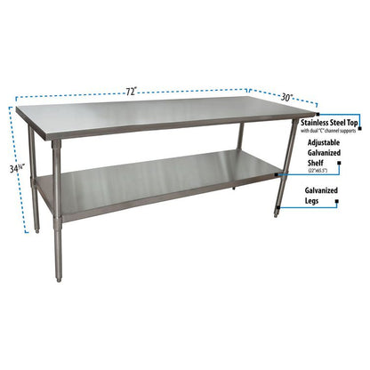 Stainless Steel Flat Top Work Tables, 72w x 30d x 36h, Silver, 2/Pallet