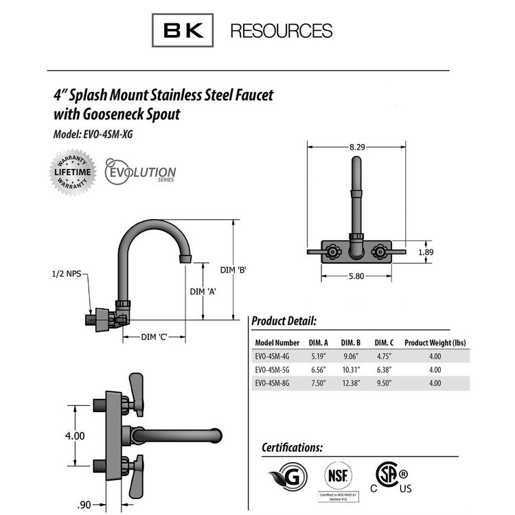 Evolution Splash Mount Stainless Steel Faucet, 9.06" Height/4.5" Reach, Stainless Steel