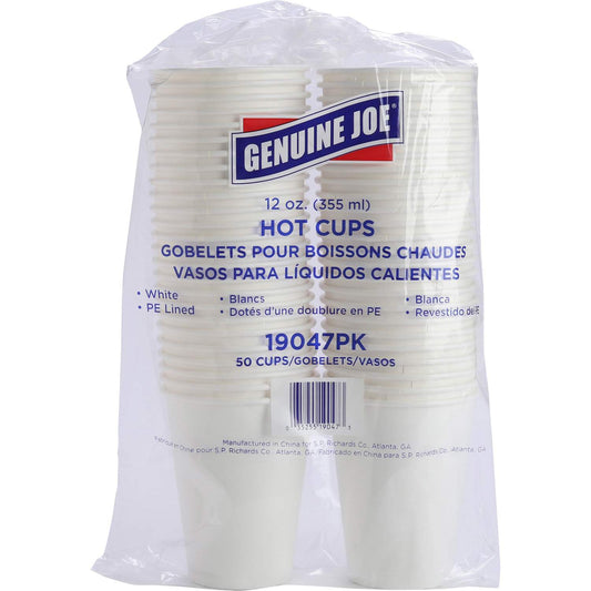 12 oz Disposable Hot Cups, 12 fl oz, White, Polyurethane, 50 Per Pack, 20 Per Carton