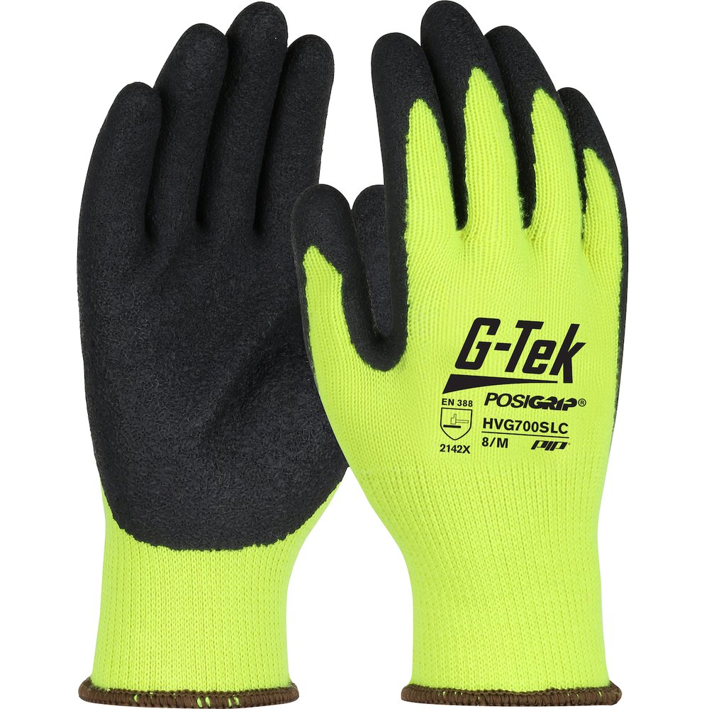 PIP BLK Crinkle Latex Palm Coated Green HI VIS Glove, 12 Pairs/Dozen