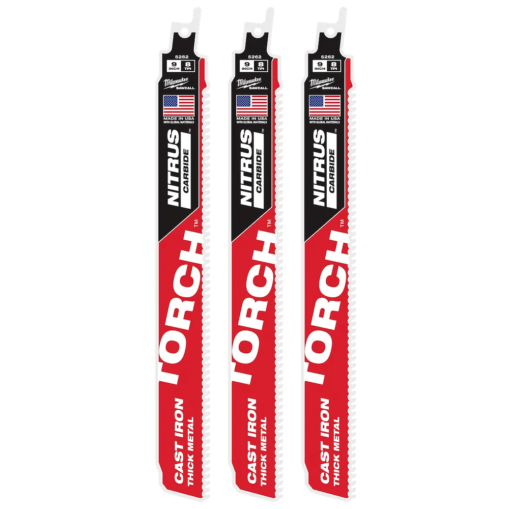 Milwaukee Tool 9" 8 Torch Nitrus Carbide Sawzall Castiron 3PK, 3/Pack