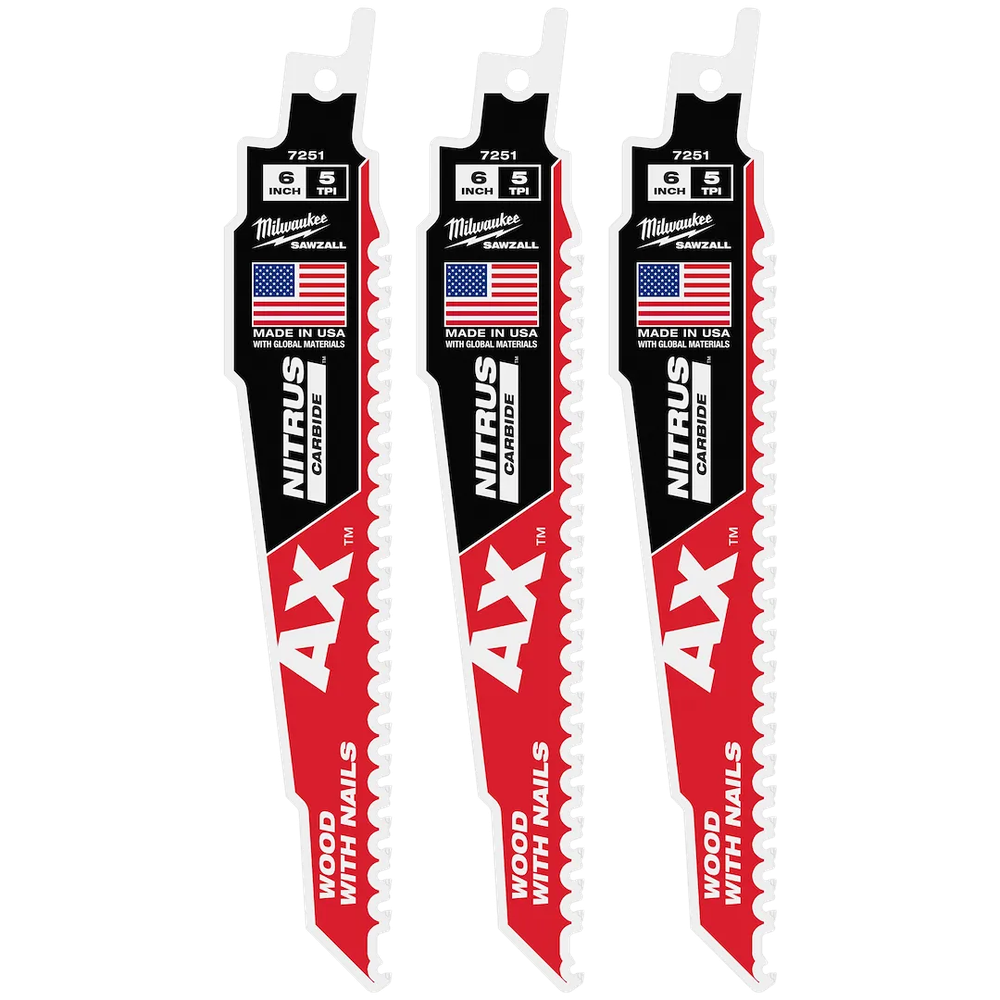 Milwaukee Tool 6" 5 TPI Carbide Teeth Blade For Wood W/NAILS, 3/Pack