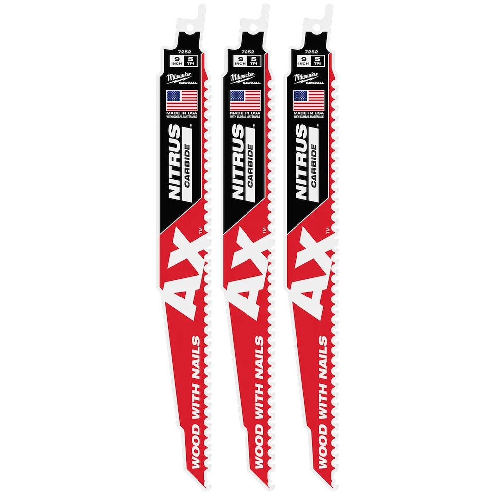 Milwaukee Tool 9" 5 TPI Carbide Teeth Blade For Wood W/NAILS, 3/Pack