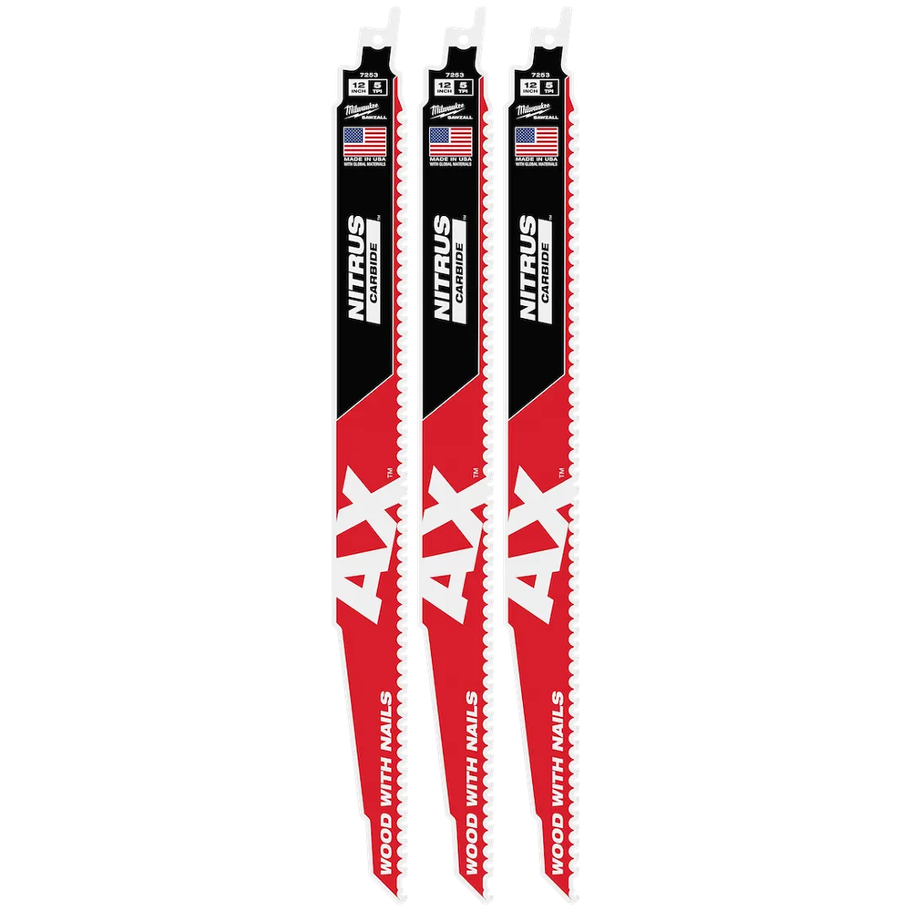 Milwaukee Tool 12"5 TPI AX Carbide Teeth Blade For Wood W/NAILS, 3/Pack
