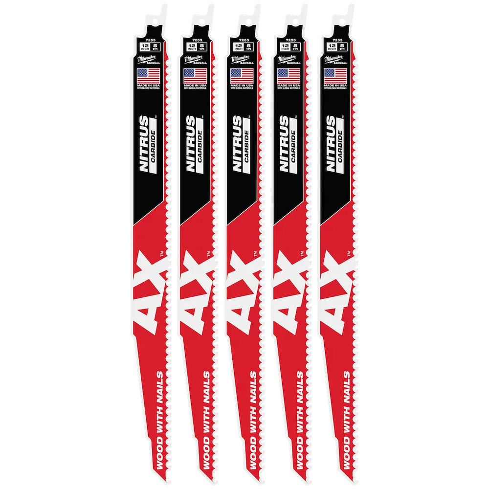 Milwaukee Tool 12"5 TPI AX Carbide Teeth Blade For Wood W/NAILS, 5/Pack