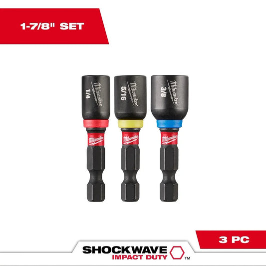 Milwaukee Tool 3PC Shockwave 1-7/8" Magdrv Set 1/4"-5/16"-3/8", 3 Sets/Case