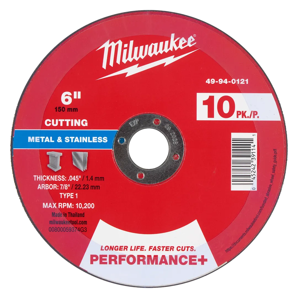 Milwaukee Tool 6" X .045"X7/8"PERFORMANCE Metal Cut OFF Wheel, 10/Pack