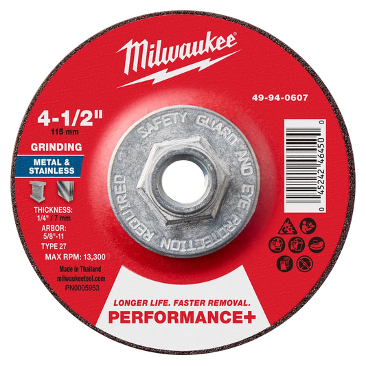 Milwaukee Tool 4-1/2"X 1/4"X 5/8"PERFORMANCE Metal Grind Wheel