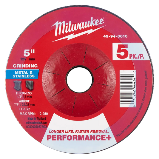 Milwaukee Tool 5" X 1/4" X 7/8" Performance Metal Grind Wheel, 5/Pack