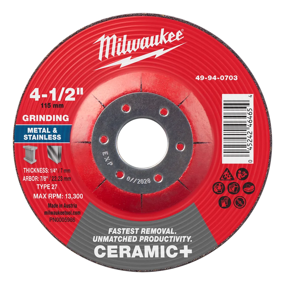 Milwaukee Tool 4-1/2" X 1/4" X 7/8" Ceramic Metal Grind Wheel