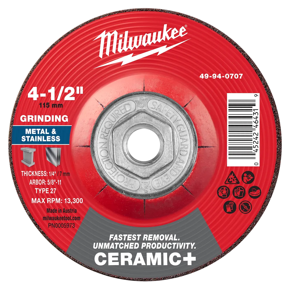 Milwaukee Tool 4-1/2" X 1/4" X 5/8" Ceramic Metal Grind Wheel