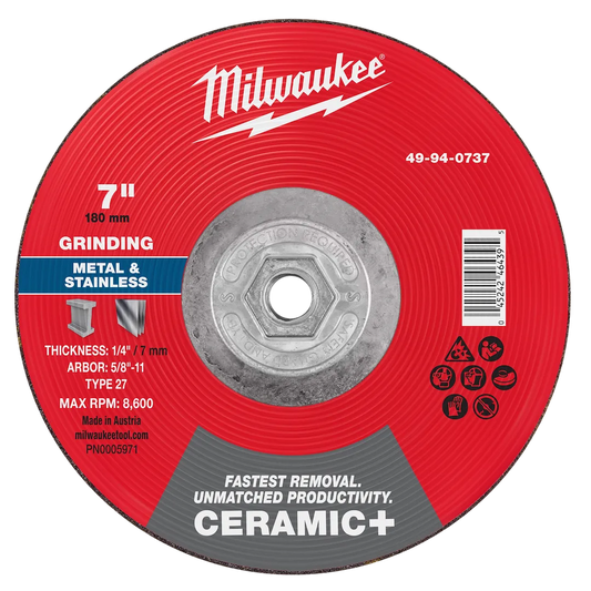 Milwaukee Tool 7" X 1/4" X 5/8" Ceramicmetal Grinding Wheel
