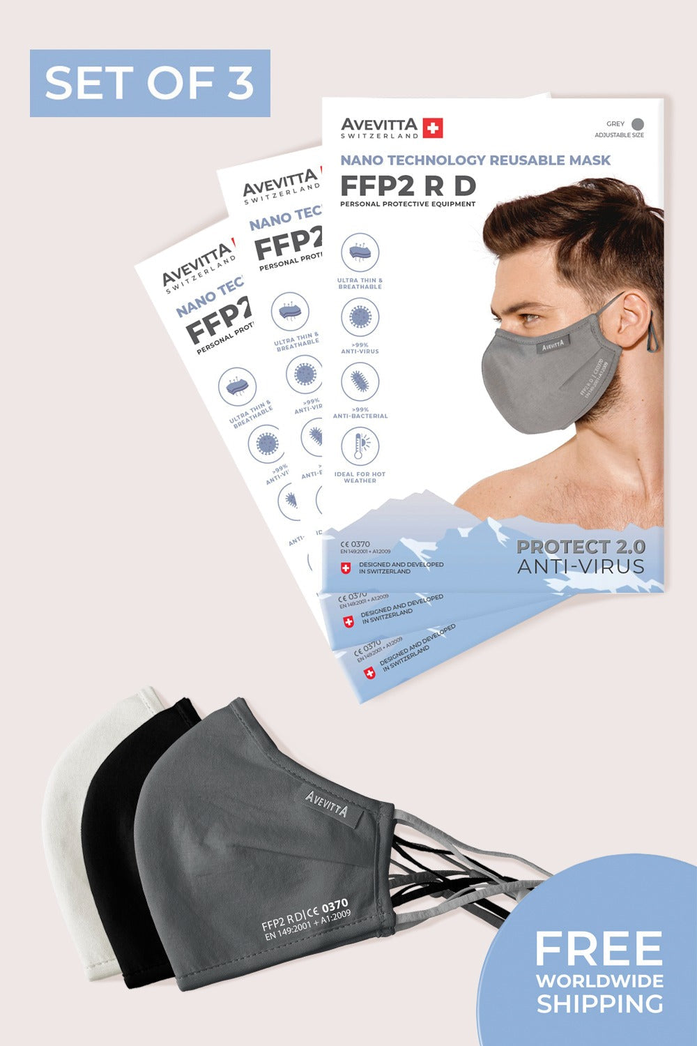 Set of 3 Avevitta 2.0 FFP2 Anti-Viral Reusable Mask