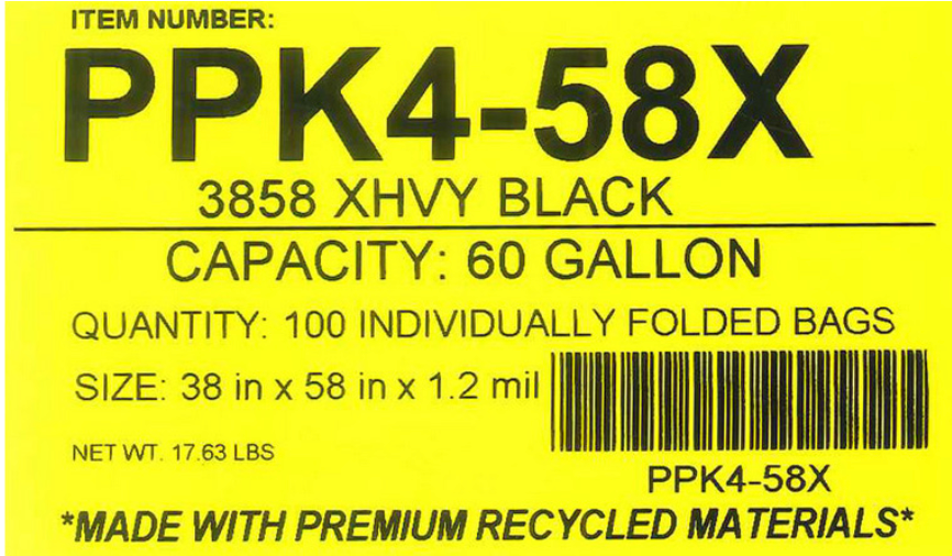 Heavy Duty Black Waste Liners 38x58 - 1.2 mil, 100 bags/case, 60 cases/pallet