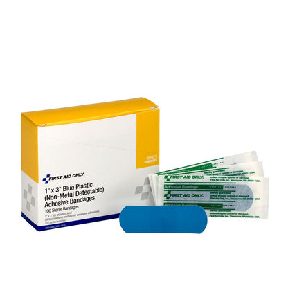 First Aid Only 1"x3" Plastic Bandages Blue, 100 per Box
