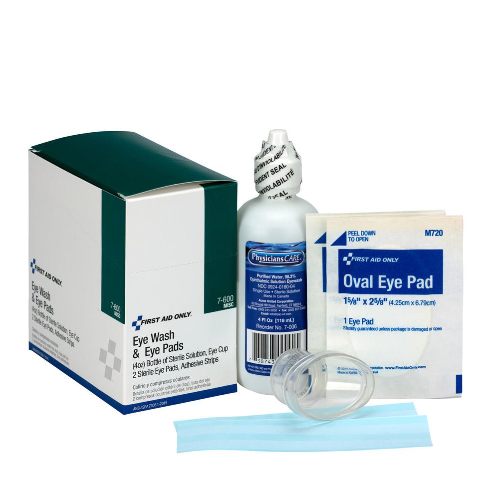 First Aid Only 4 Piece Eye Wash Kit - 4 oz. Eyewash, Eye pads & Adhesive Strips, 1 set/box
