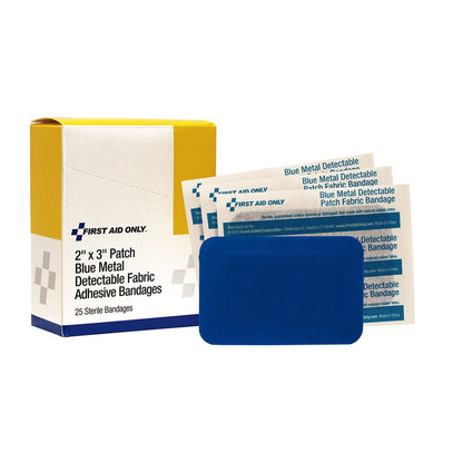 First Aid Only 2" x 3" Patch Blue Metal Detectable Adhesive Fabric Bandages, 25 per Box