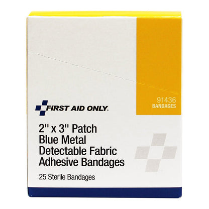 First Aid Only 2" x 3" Patch Blue Metal Detectable Adhesive Fabric Bandages, 25 per Box