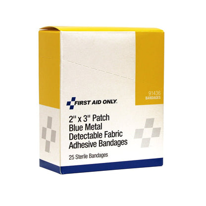 First Aid Only 2" x 3" Patch Blue Metal Detectable Adhesive Fabric Bandages, 25 per Box