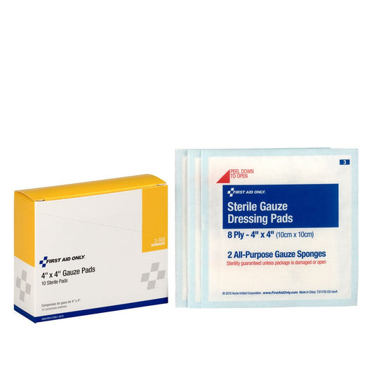 First Aid Only 4"x4" Sterile Gauze Pads, 10 Per Box