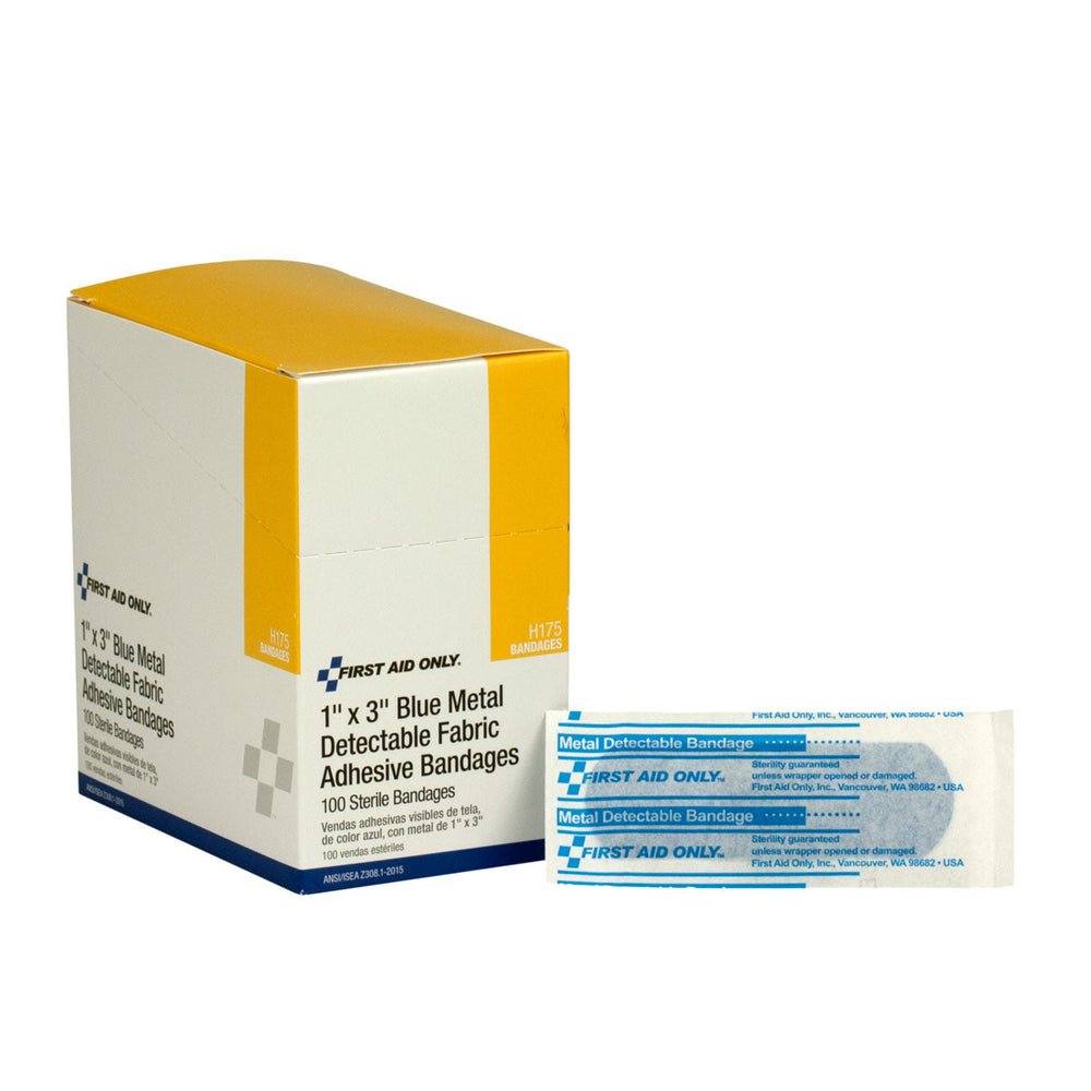 First Aid Only 1"x3" Blue Metal Detectable Fabric Bandages, 100 Per Box