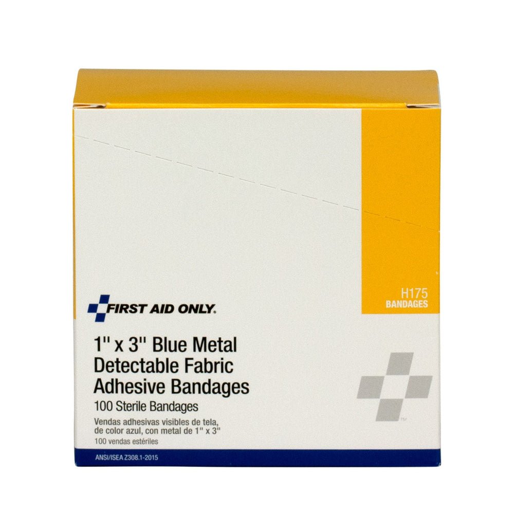 First Aid Only 1"x3" Blue Metal Detectable Fabric Bandages, 100 Per Box