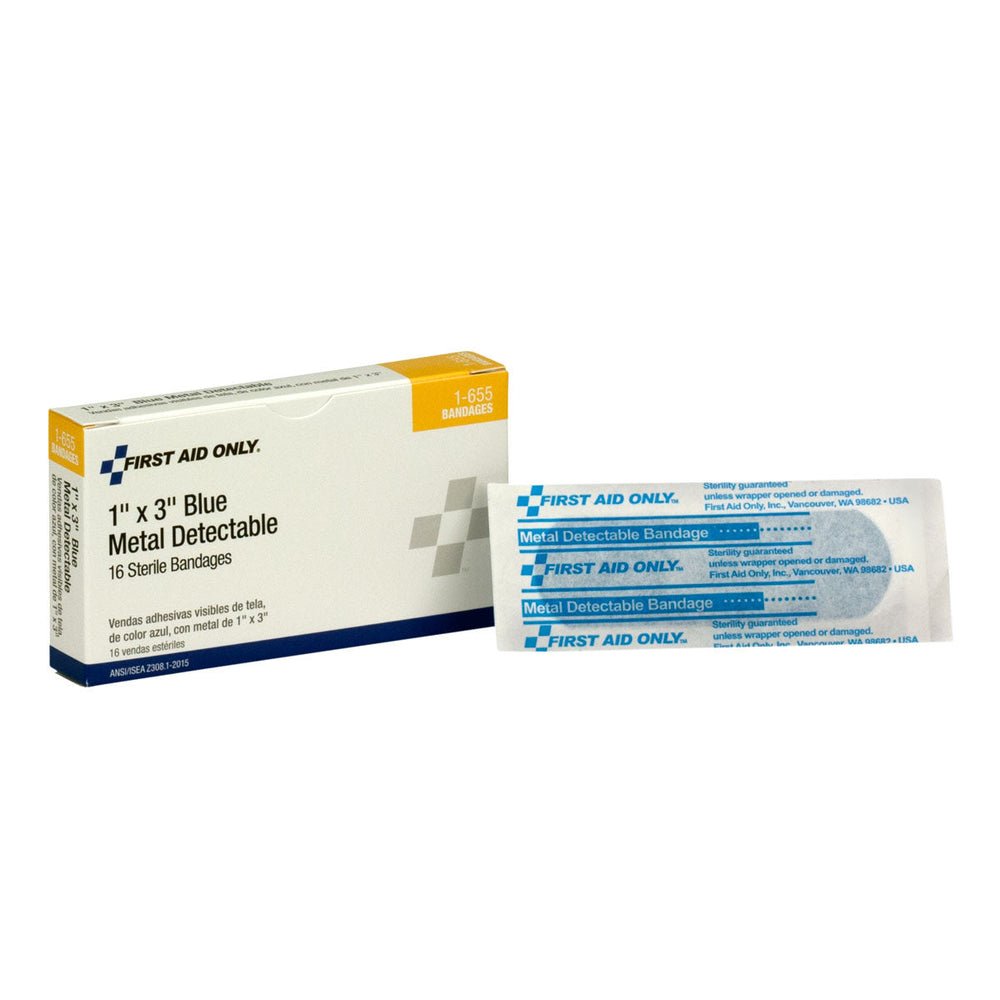 First Aid Only Blue Metal Detectable 1"x3" Fabric Bandages, 16 Per Box