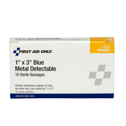 First Aid Only Blue Metal Detectable 1"x3" Fabric Bandages, 16 Per Box
