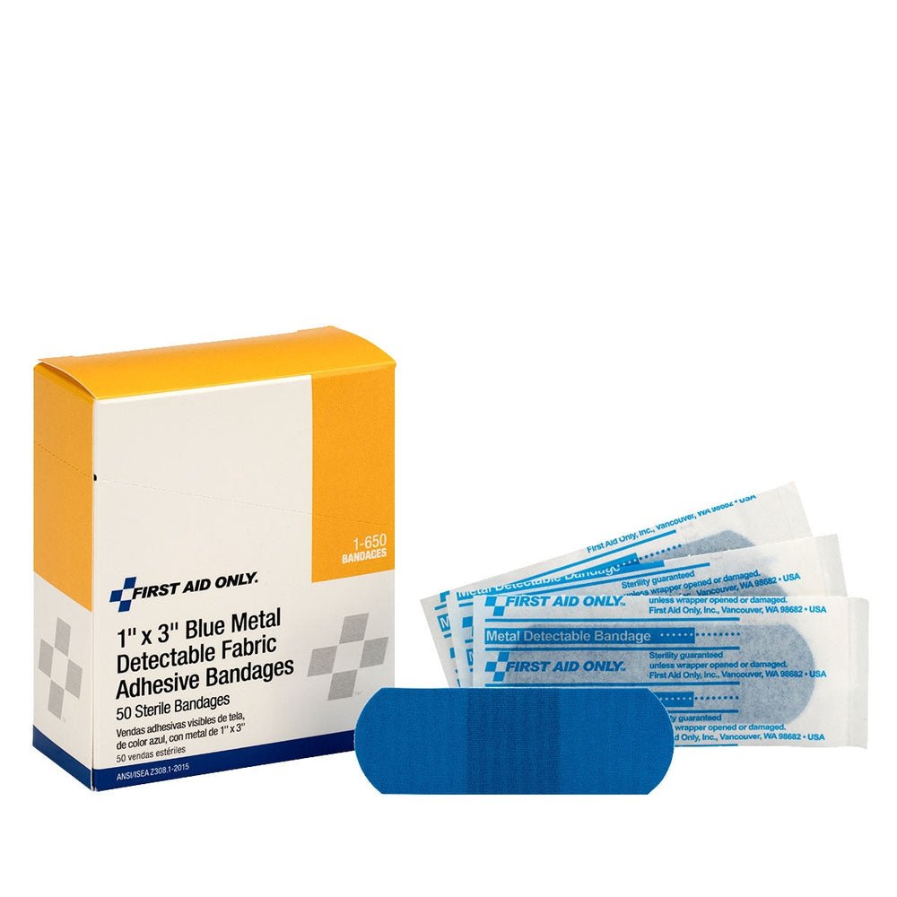 First Aid Only 1"x3" Blue Metal Detectable Fabric Bandages, 50 Per Box