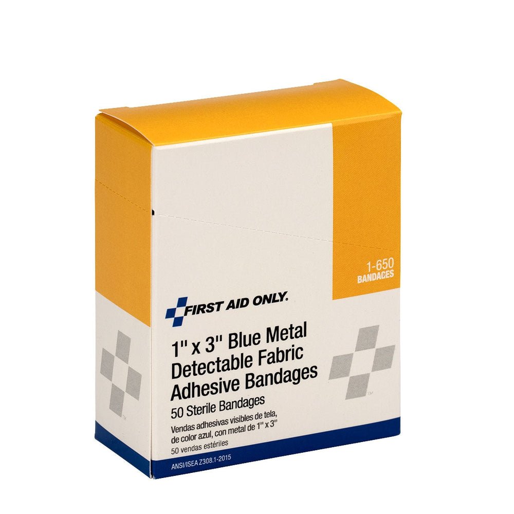 First Aid Only 1"x3" Blue Metal Detectable Fabric Bandages, 50 Per Box