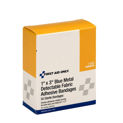 First Aid Only 1"x3" Blue Metal Detectable Fabric Bandages, 50 Per Box