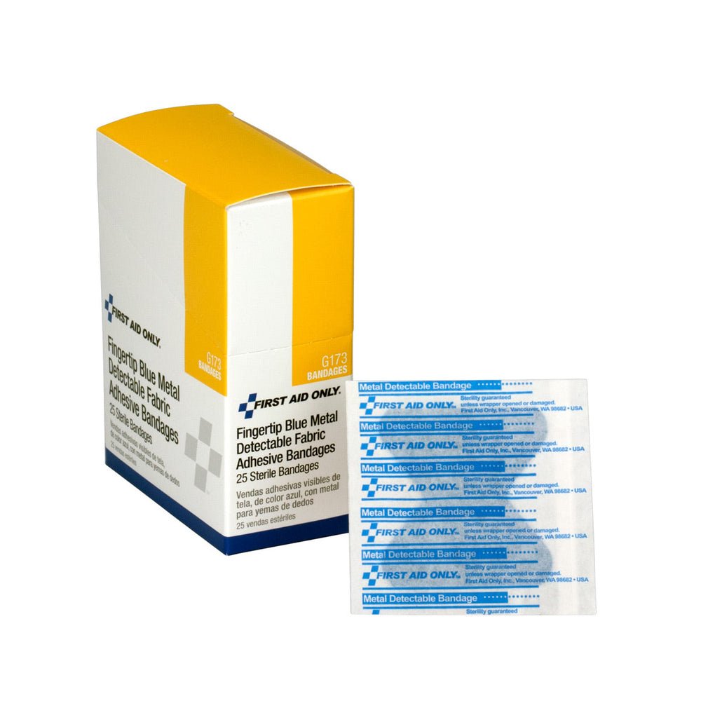 First Aid Only Blue Metal Detectable Fabric Fingertip Bandages, 25 Per Box