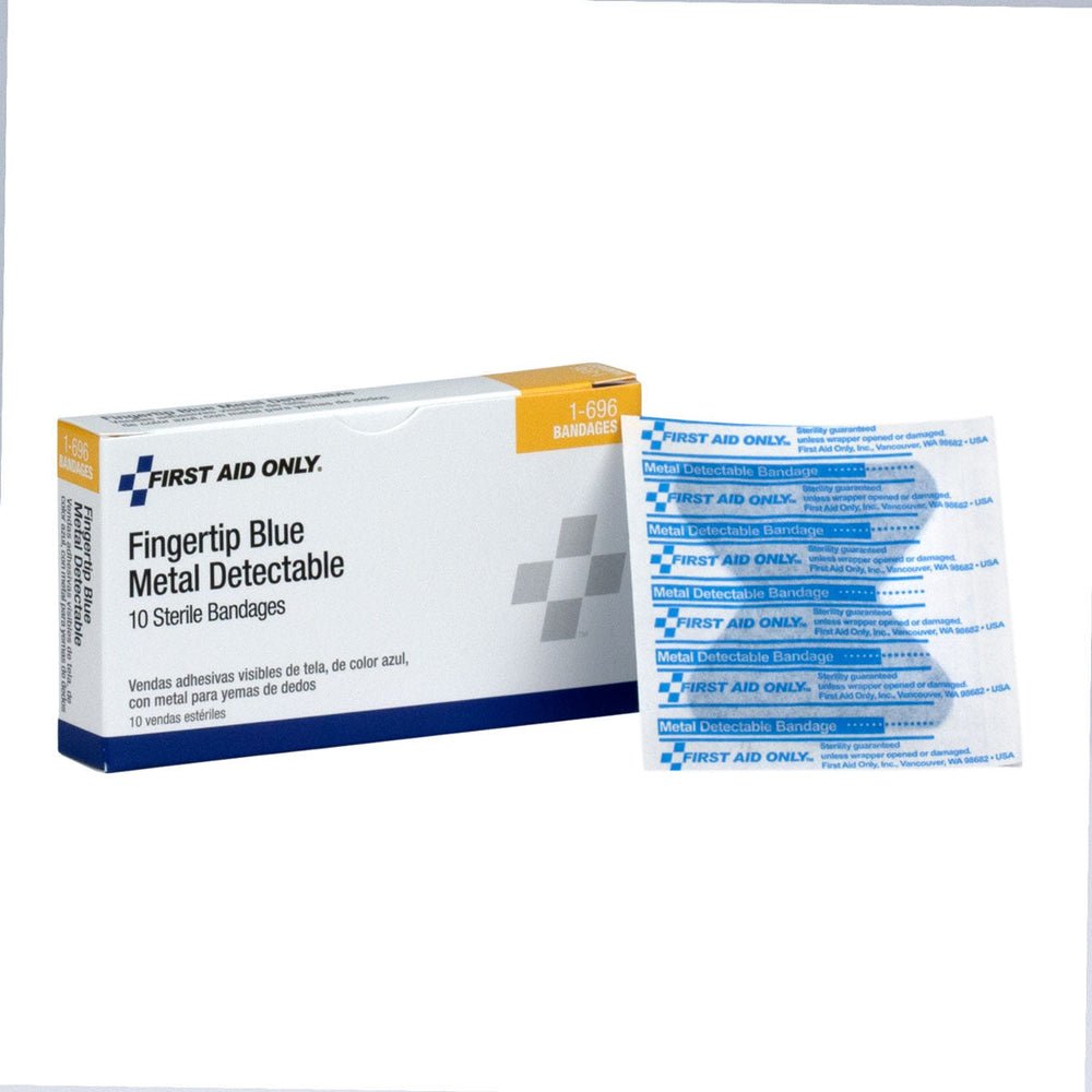 First Aid Only Blue Metal Detectable Fabric Fingertip Bandages, 10 Per box
