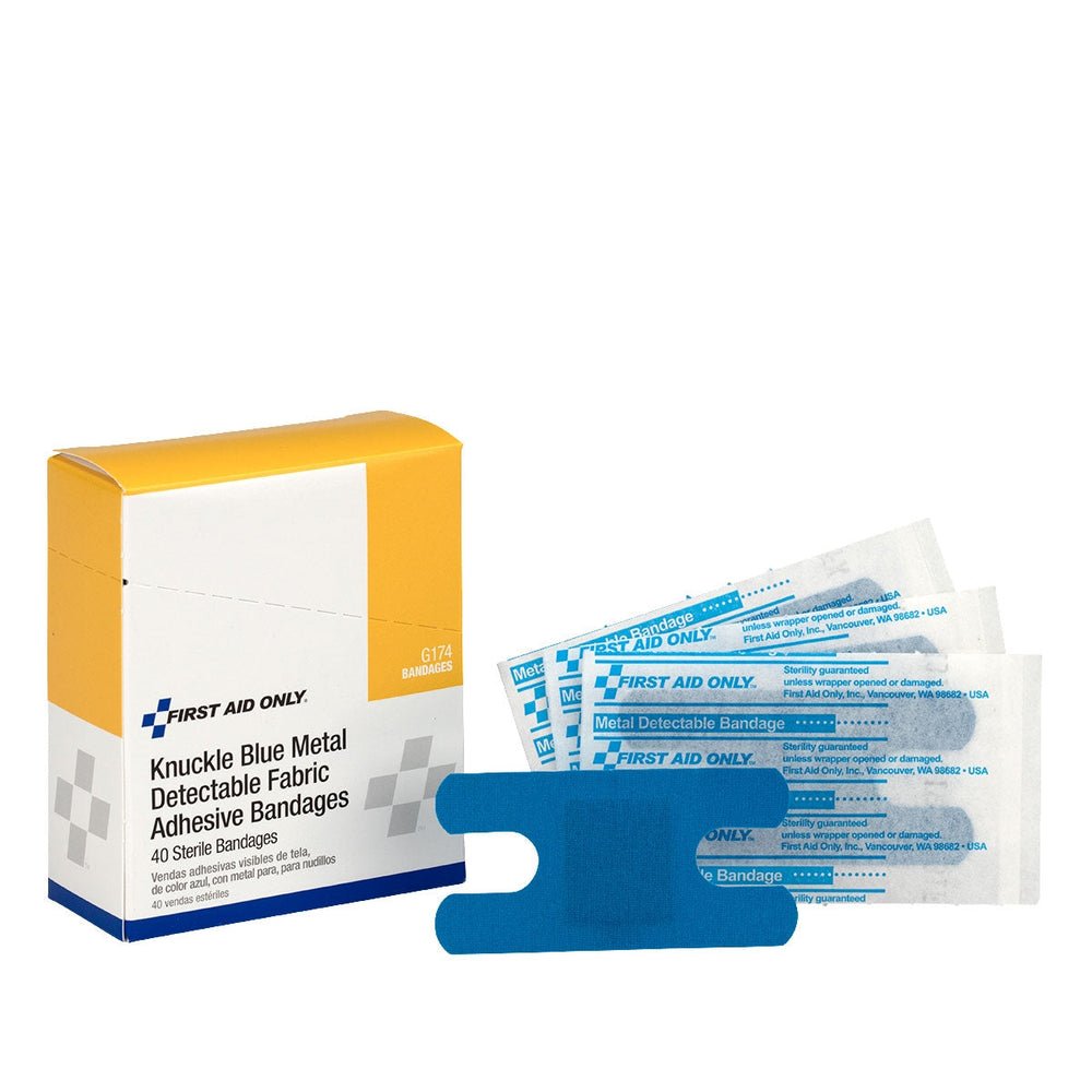 First Aid Only Blue Metal Detectable Fabric Knuckle Bandages, 40 Per Box