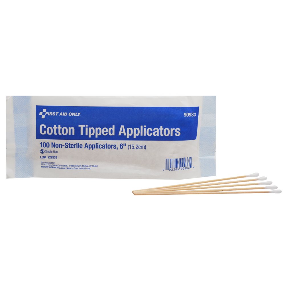 First Aid Only Cotton Tipped Applicators, 6" Wood Shaft, 100 Per Bag