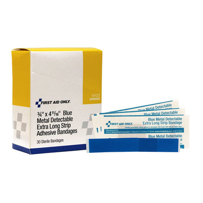 First Aid Only Extra Long Strip Blue Metal Detectable Adhesive Fabric Bandages, 30 per Box