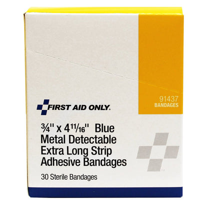 First Aid Only Extra Long Strip Blue Metal Detectable Adhesive Fabric Bandages, 30 per Box