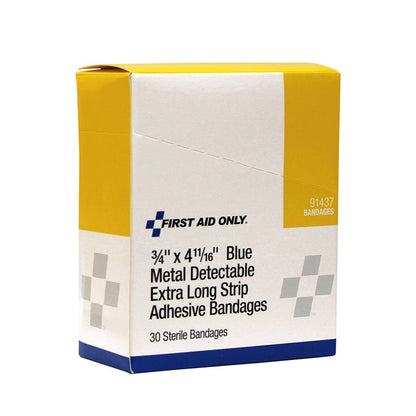 First Aid Only Extra Long Strip Blue Metal Detectable Adhesive Fabric Bandages, 30 per Box