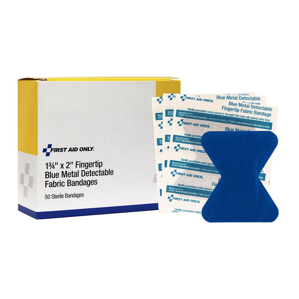 First Aid Only Fingertip Blue Metal Detectable Adhesive Fabric Bandages, 50 per Box
